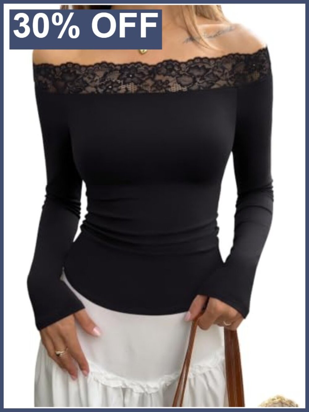 Off Shoulder Long Sleeve Lace Top for Women Fall Going Out Fitted Stretchy